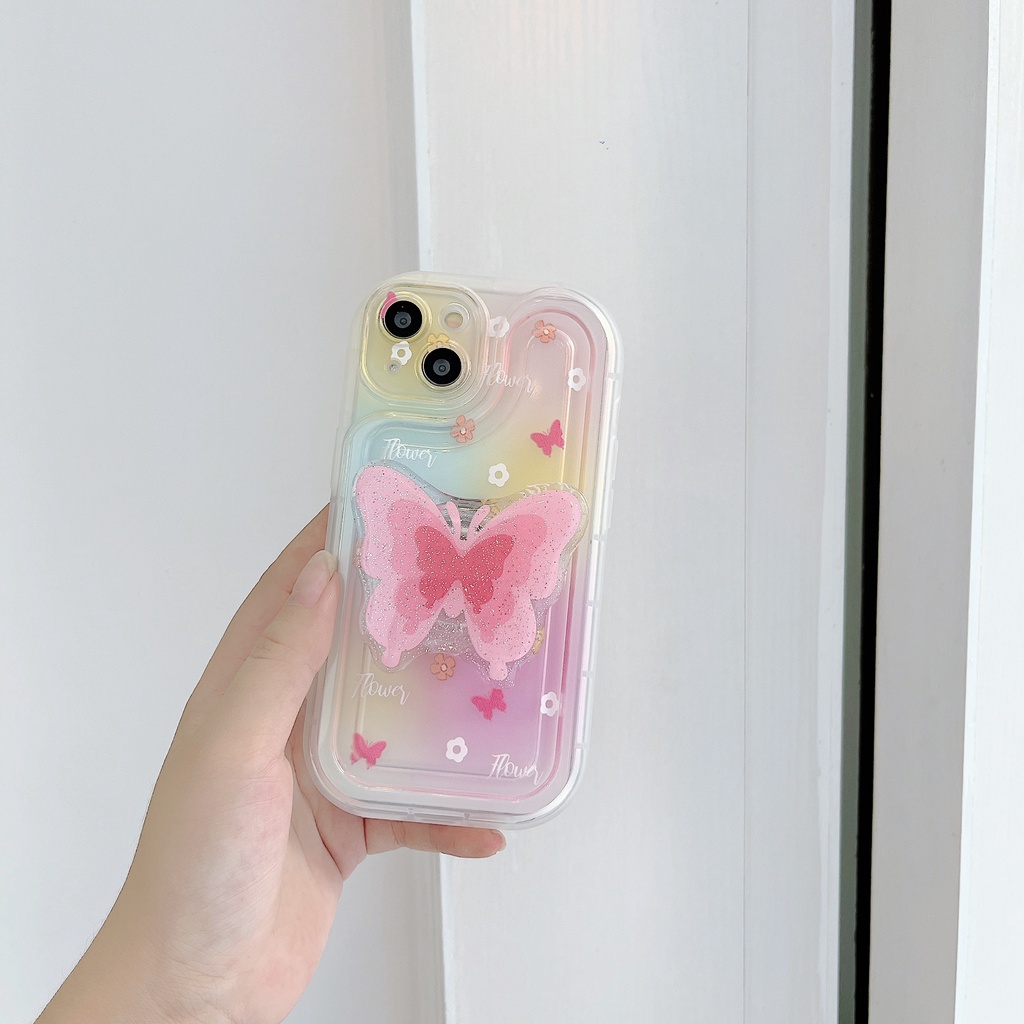 Ốp Điện Thoại TPU Silicone Mềm Trong Suốt Chống Sốc In Hình Bướm Hồng Sáng Tạo Có Giá Đỡ Cho iPhone 14 Plus 13 12 11 Pro Max