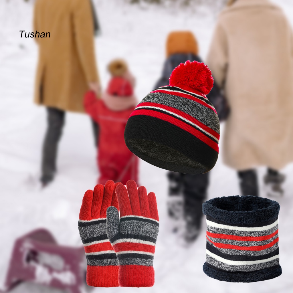 1 Bộ Găng Tay Và Mũ Dệt Kim Dày Dặn Mềm Mại Co Giãn Họa Tiết Kẻ Sọc Thời Trang Thu Đông Cho Bé