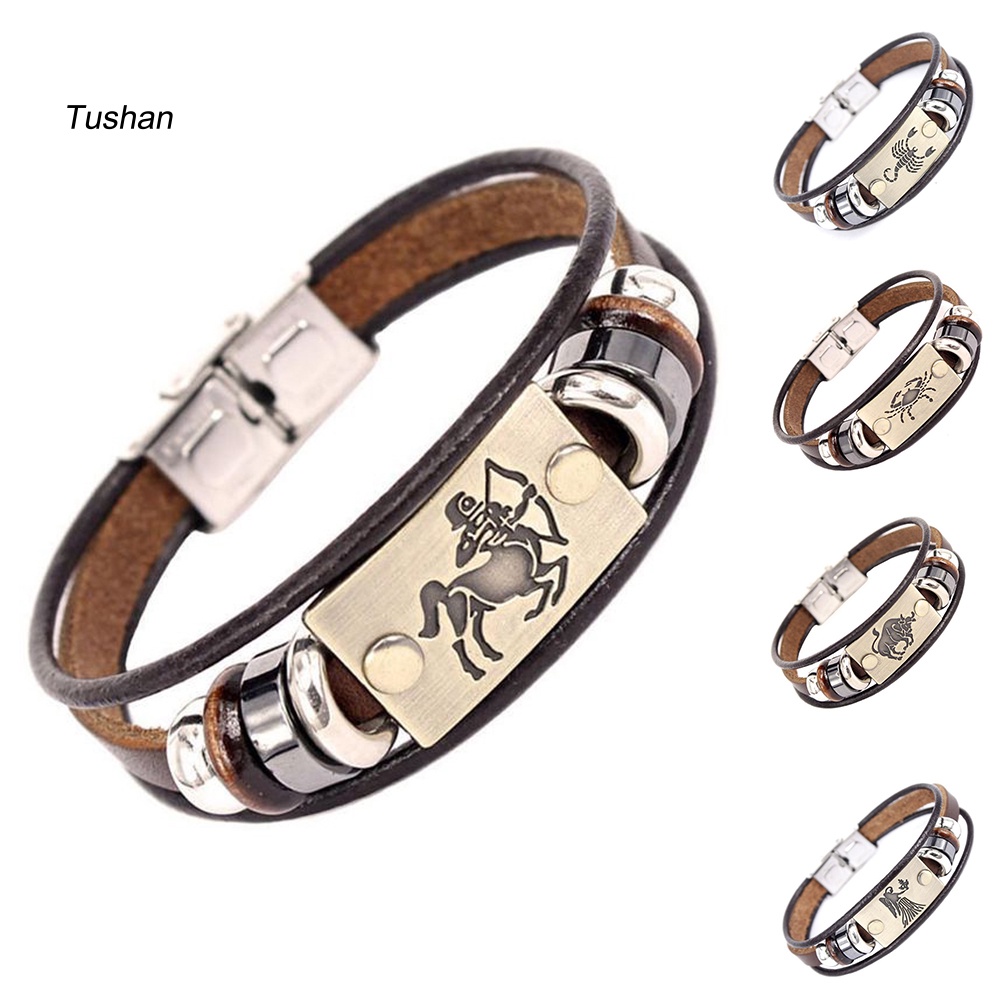 Vòng Tay Giả Da Nhiều Lớp Mặt Hình 12 Cung Hoàng Đạo Phong Cách Retro