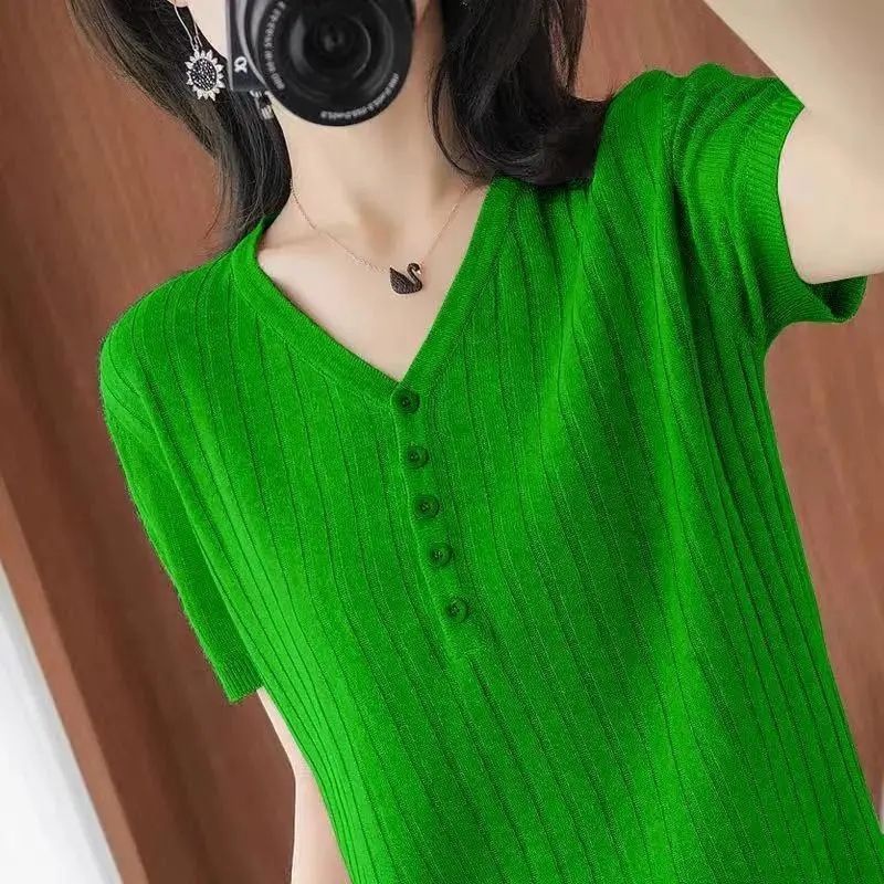 Áo Thun Dệt Kim Tay Ngắn Dáng Rộng Phong Cách Phương Tây Thời Trang Mùa Hè Cho Nữ