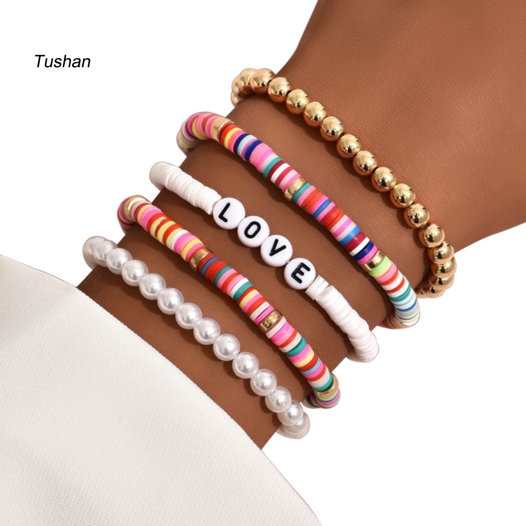 Set 5 Vòng Tay Hạt Đất Sét Nhiều Màu Sắc In Chữ Love Phong Cách Bohemian