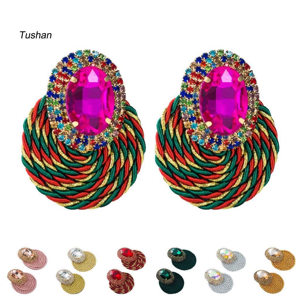 1 Đôi Bông Tai Hình Tròn Đan Tay Đính Đá Nhiều Màu Lấp Lánh