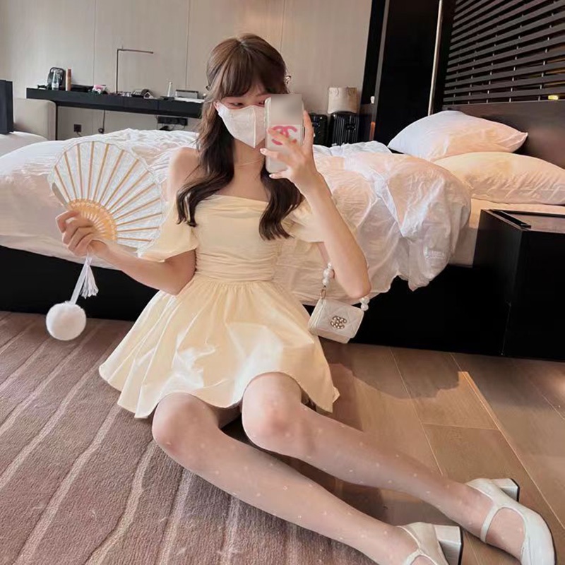 IELGY Đầm Trễ Vai Tay Phồng Phong Cách Pháp Thời Trang Cho Nữ