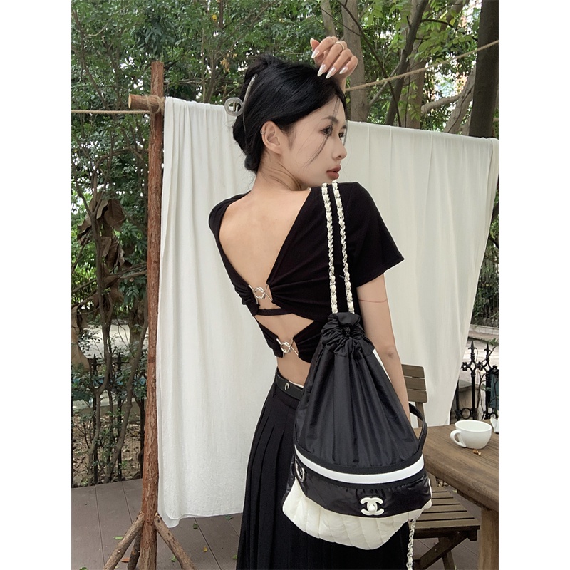 Áo Thun Tay Ngắn Hở Lưng Màu Trơn Thiết Kế Mới Thời Trang Mùa Hè Dành Cho Nữ