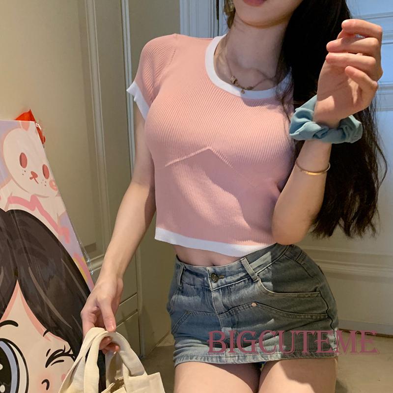 Áo Croptop Dệt Kim Tay Ngắn Cổ Tròn Màu Sắc Tương Phản Thời Trang Đường Phố Cho Nữ
