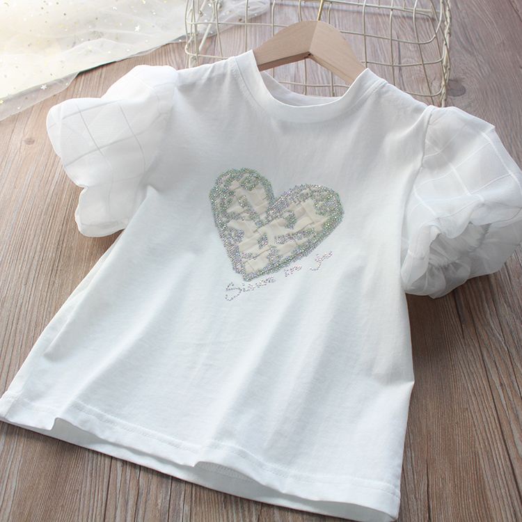 Áo Thun Cotton Tay Ngắn Phồng In Họa Tiết Trái Tim Phong Cách Phương Tây Thời Trang Mùa Hè Dành Cho Bé Gái