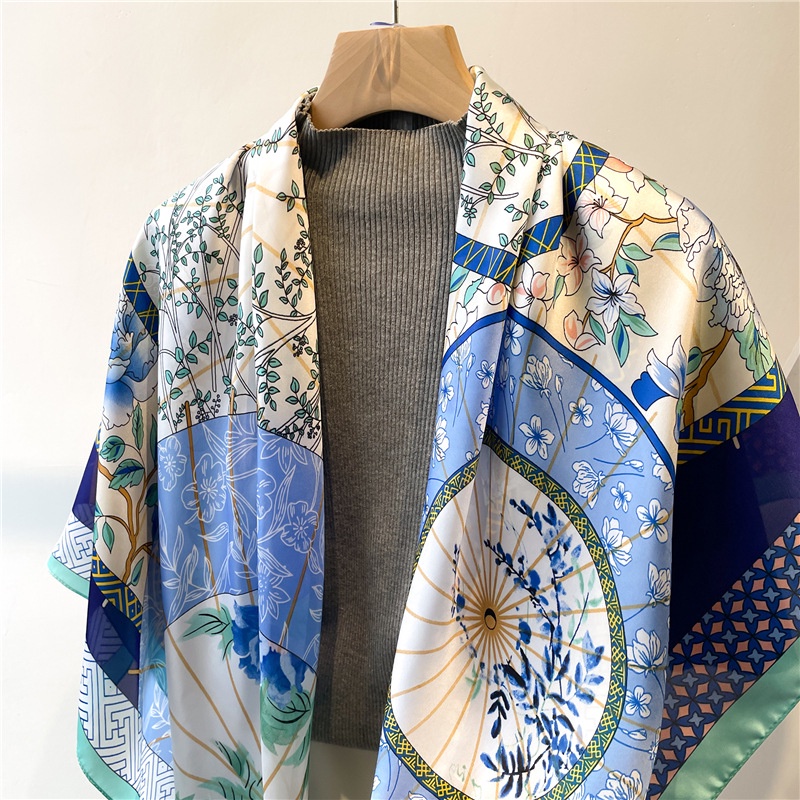 Khăn Choàng Lụa Satin Vuông 110cm In Họa Tiết Hoa / Xương Cá Kiểu Retro Dễ Phối Đồ Cho Nữ
