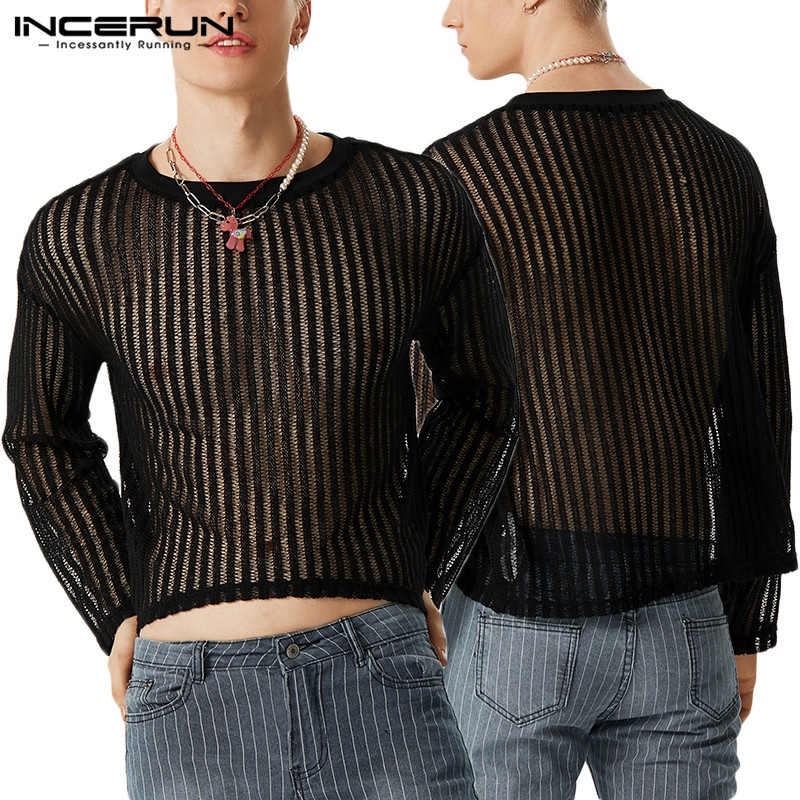 INCERUN Áo Thun Tay Dài Dáng Rộng Hở Vai Phối Lưới Họa Tiết Kẻ Sọc Thời Trang Xinh Xắn Cho Nữ