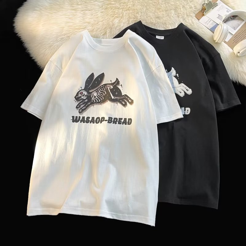 Áo Thun Cotton Tay Ngắn Dáng Rộng In Hình Thỏ Bông Màu Trơn Dễ Phối Đồ Thời Trang Mùa Hè Cho Nam Và Nữ