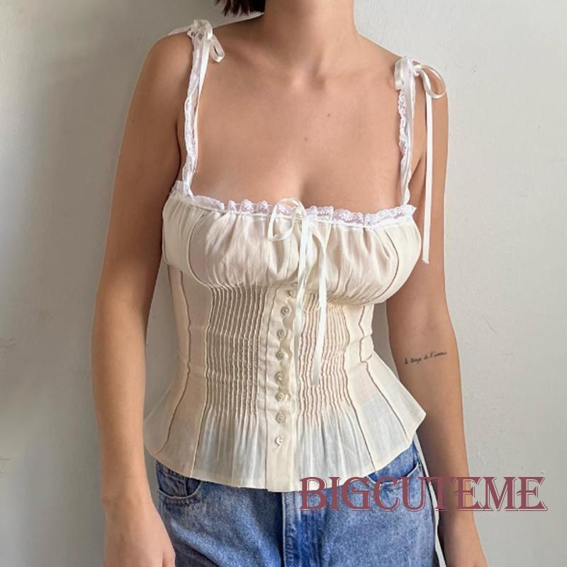 [] - Áo Crop Top Hai Dây Không Tay Buộc Dây Phối Ren Hở Lưng Cài Nút Thời Trang Mùa Hè Đường Phố Cho Nữ