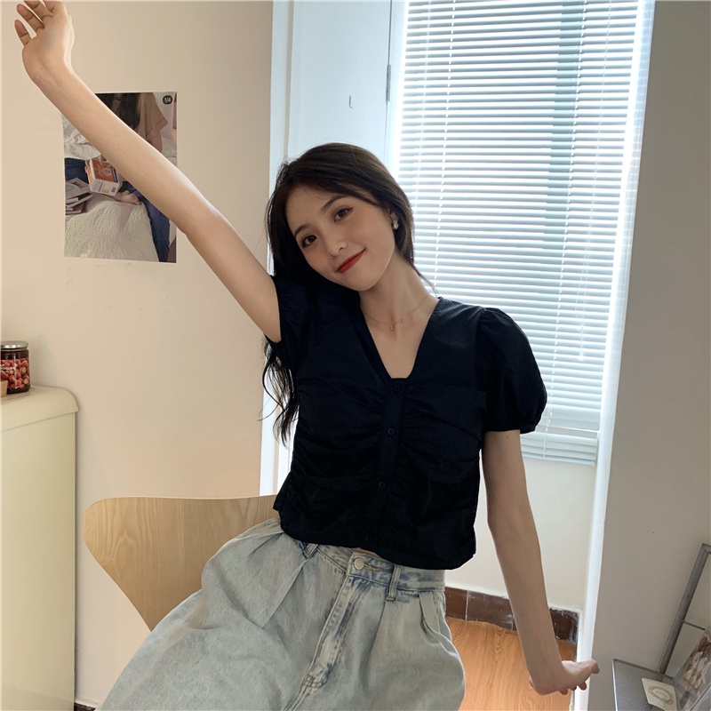 SUXI Áo Kiểu Tay Phồng Cổ Chữ V Màu Sắc Đơn Giản Phong Cách Hàn Quốc