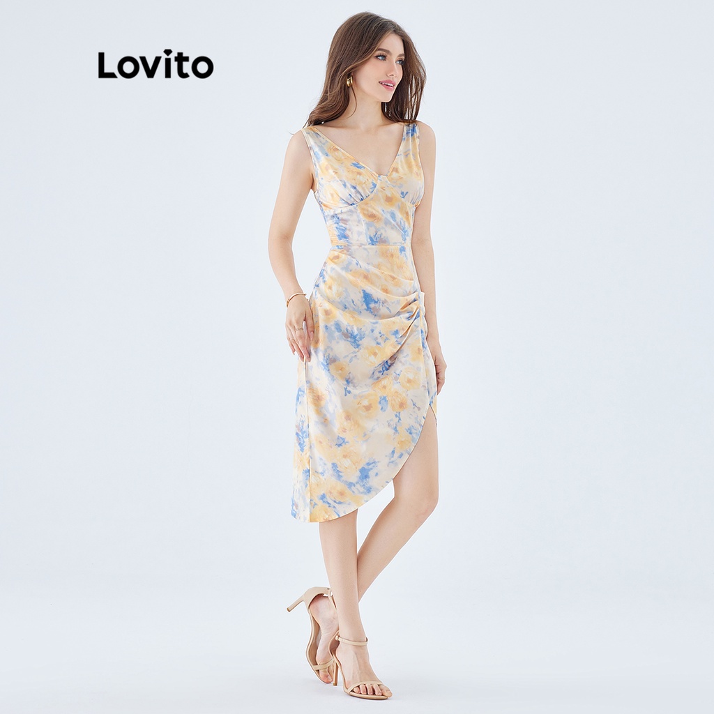 Đầm Lovito midi bút chì không tay xếp nếp nhuộm màu loang phong cách vintage dành cho nữ L49ED113 (nhiều màu sắc)