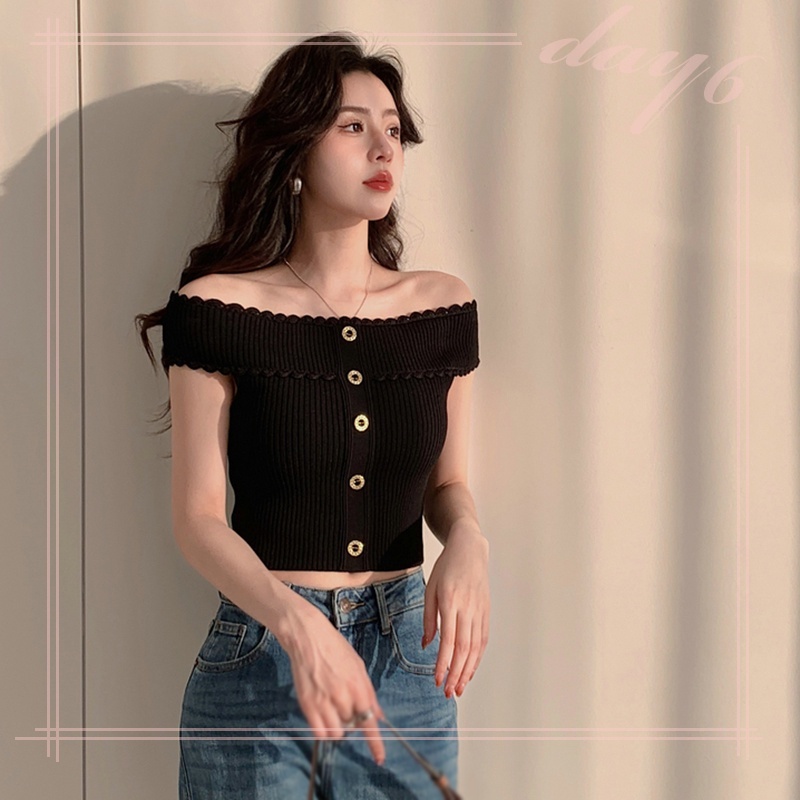 Áo Dệt Kim Tay Ngắn Trễ Vai Phối Ren Màu Trơn Thời Trang Cho Nữ