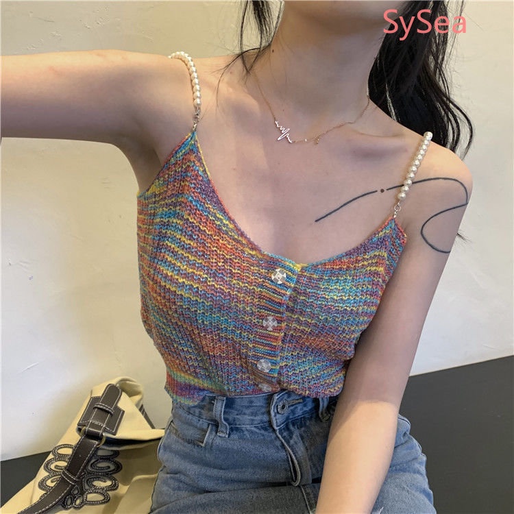 Áo Dệt Kim Hai Dây Ôm Dáng Đính Ngọc Trai Phong Cách Hàn Quốc