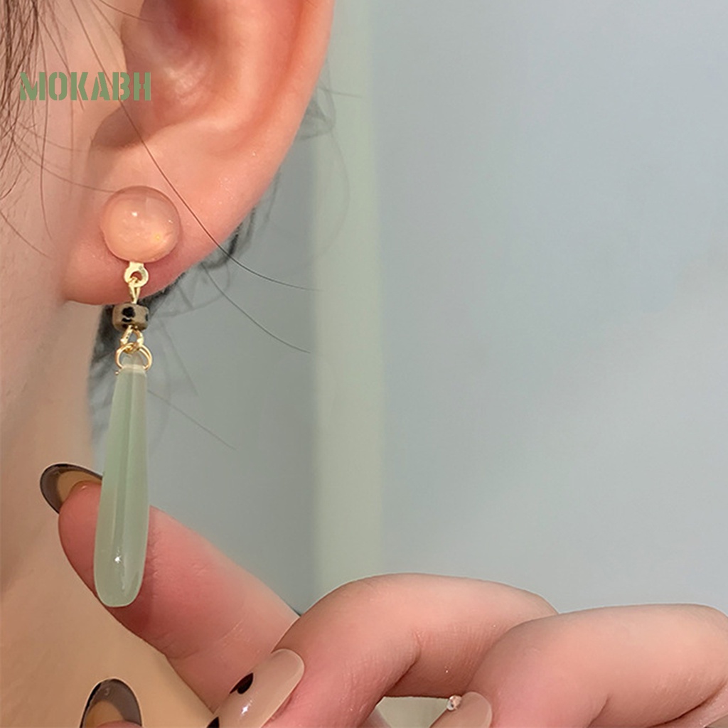 1 Đôi Bông Tai Xỏ Hạt Ngọc Bích Giả Phong Cách Trung Hoa