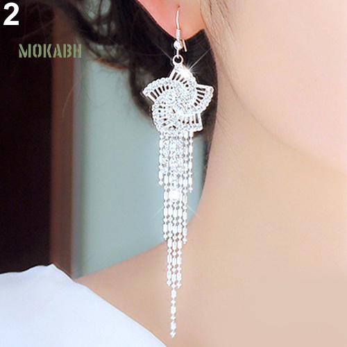 Bông Tai Hợp Kim Dáng Dài Hình Hoa Đính Đá Phối Tua Rua Thời Trang Cho Nữ