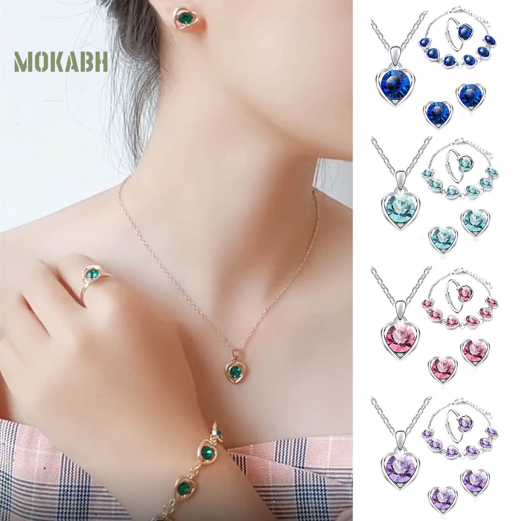 Set 4 Vòng cổ / Nhẫn / Khuyên Tai / Vòng Tay Hình Trái Tim Đính Đá Lấp Lánh Dễ Điều Chỉnh