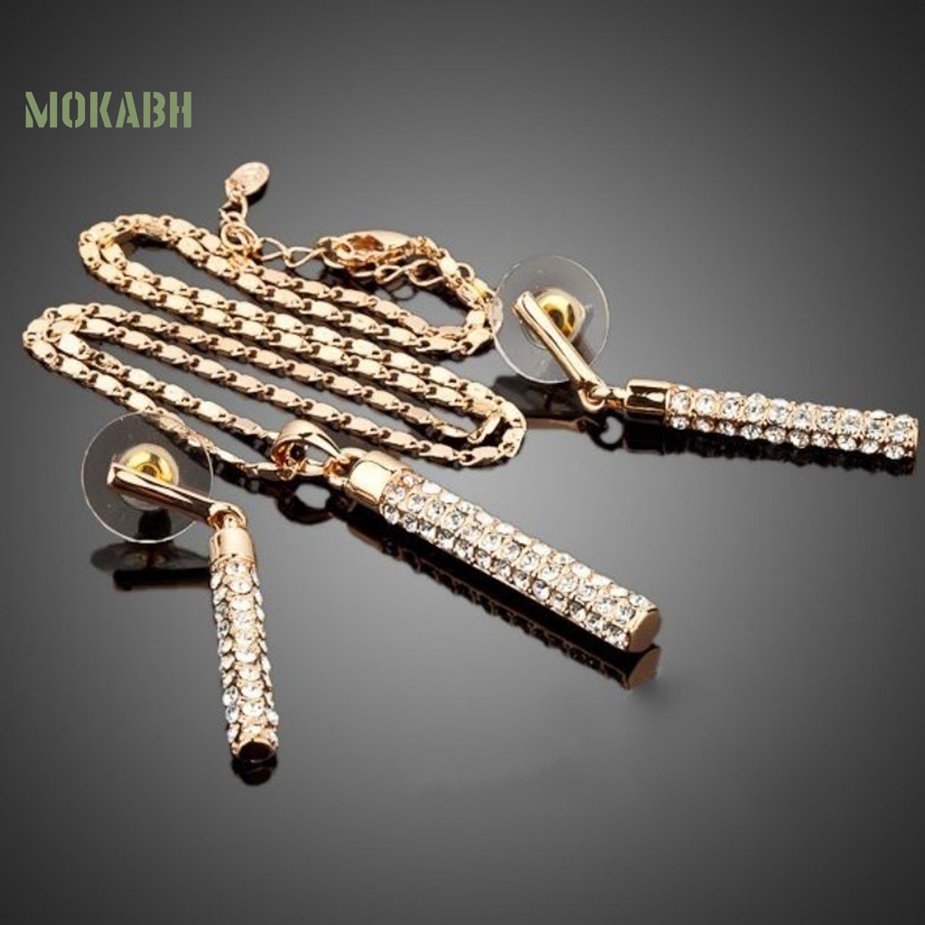 [Mới] 1 Bộ Vòng cổ Và Bông Tai Hình Trụ Đính Kim Cương Giả Lấp Lánh Cho Nữ