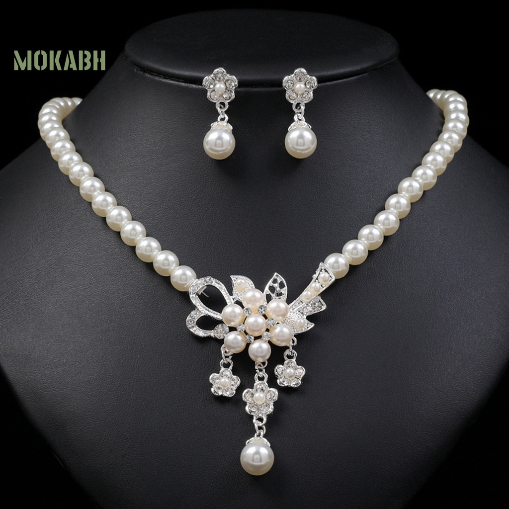 1 Bộ Vòng cổ + Bông Tai Đính Đá &amp; Ngọc Trai Nhân Tạo Hình Hoa Cho Nữ