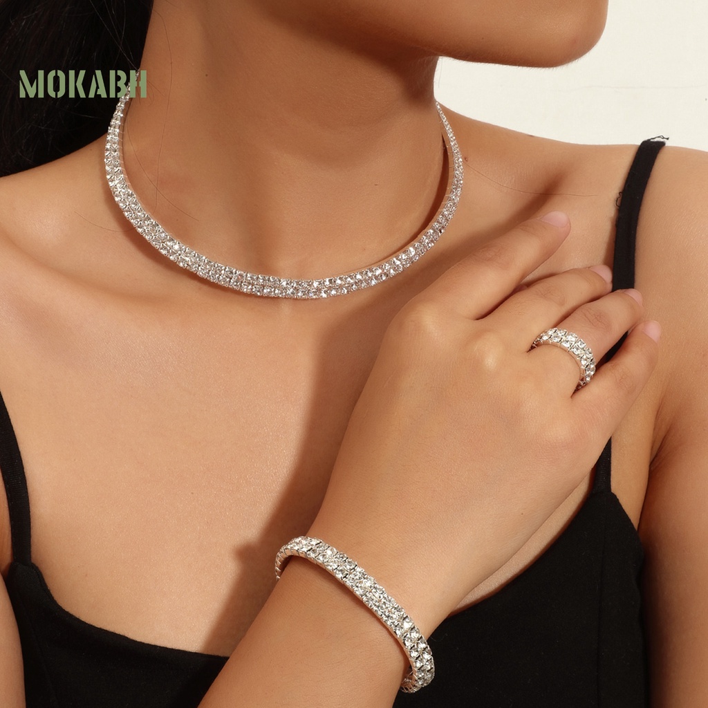 Bộ Trang Sức 4 Món Gồm Vòng cổ / Nhẫn / Bông Tai / Vòng Tay Mở Rộng Điều Chỉnh Được Nhiều Hàng Đính Đá