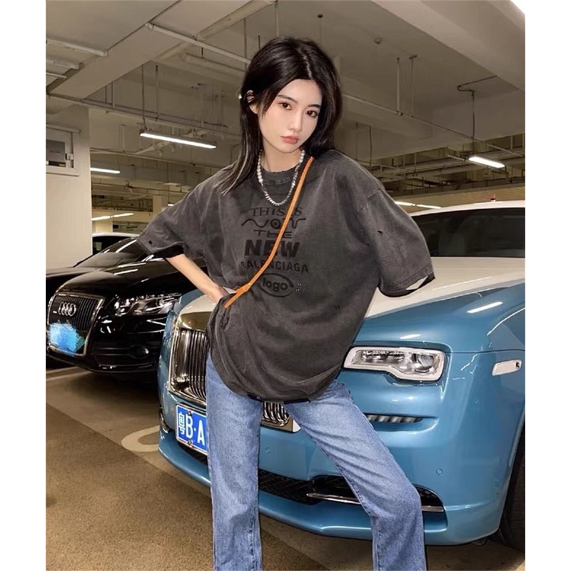 Áo Thun Ngắn Tay Dáng Rộng Phối Rách Thời Trang Chất Lượng Cao