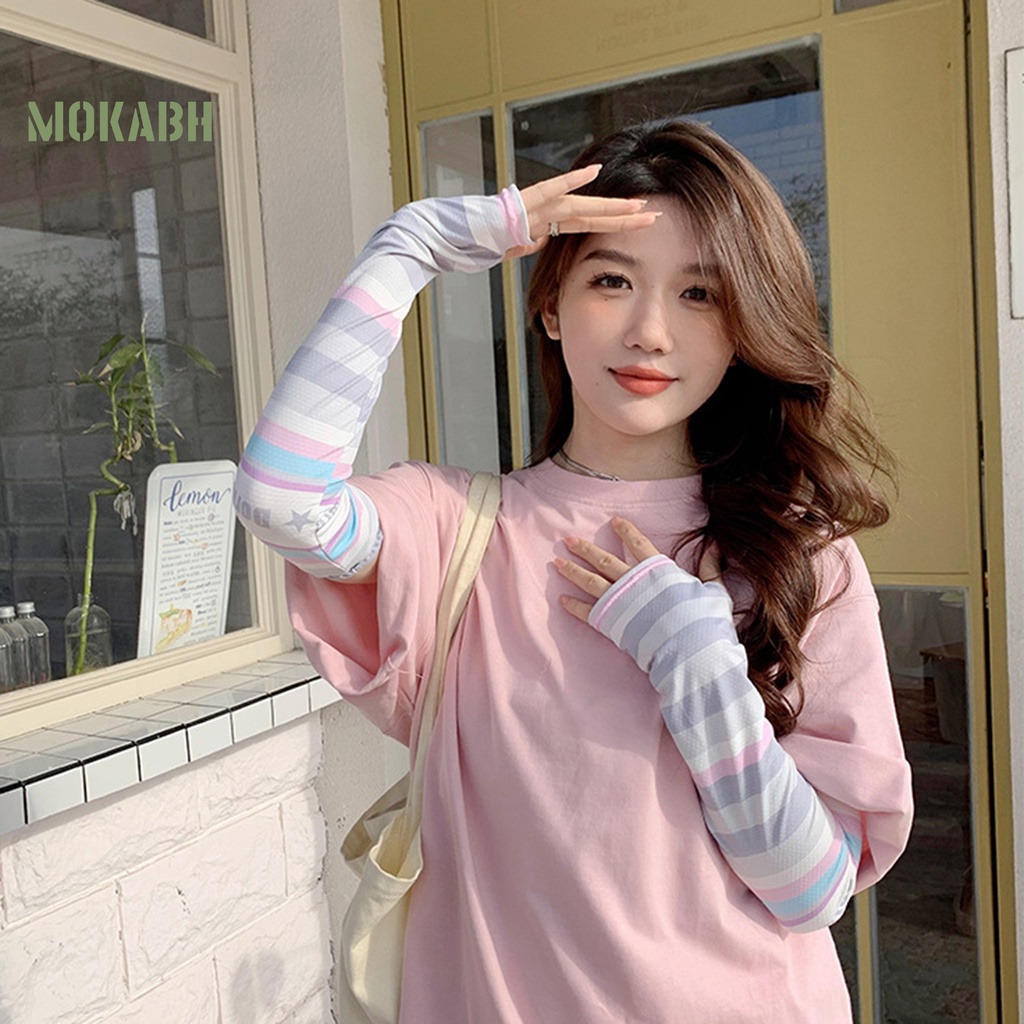 1 Cặp Găng Tay Chống Nắng Bằng Lụa Lạnh Độ Co Giãn Cao Họa Tiết Kẻ Sọc