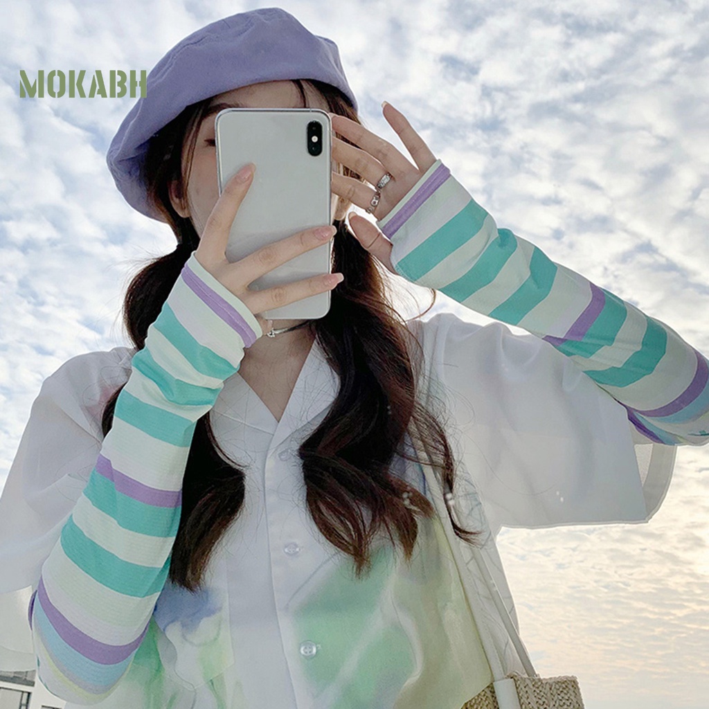 1 Cặp Găng Tay Chống Nắng Bằng Lụa Lạnh Độ Co Giãn Cao Họa Tiết Kẻ Sọc