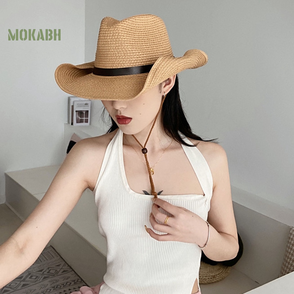 Abh [Mok] Mũ Rơm Vành Rộng Giả Da Phong Cách Phương Tây