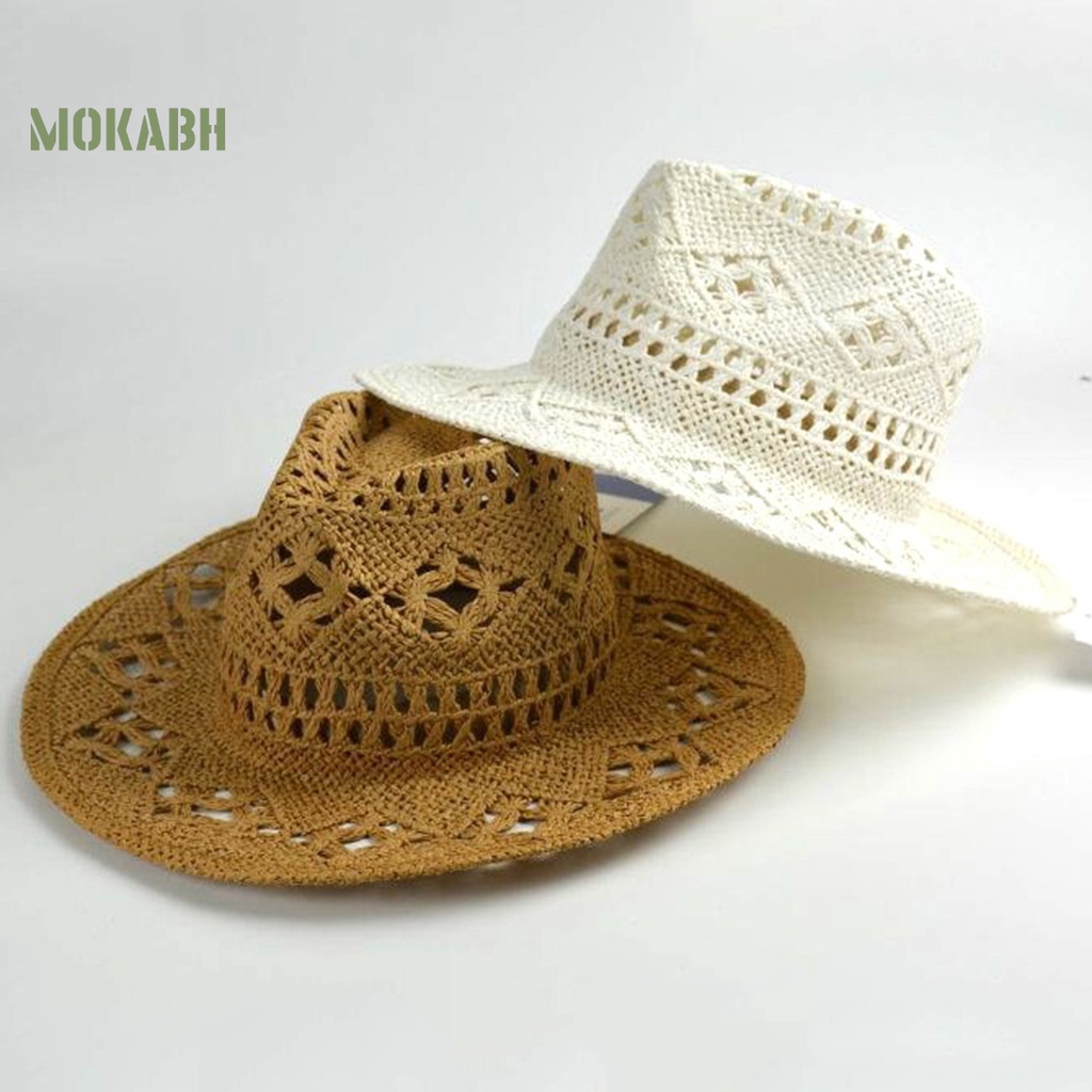[Mok Abh] Mũ Rơm Cao Bồi Đi Biển Kiểu Cao Bồi Phương Tây Có Lỗ Thông Hơi Hình Tròn Có Thể Gậ
