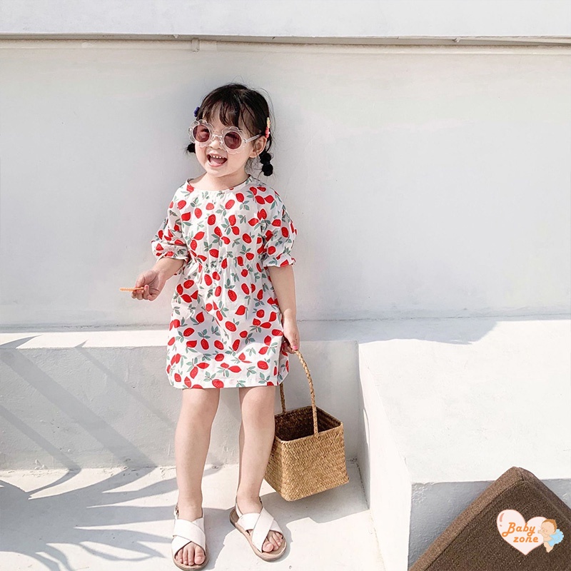 Đầm Công Chúa Chất Liệu Cotton Tay Ngắn In Hình Quả Cherry Dễ Thương Thời Trang Mùa Hè Cho Bé Gái