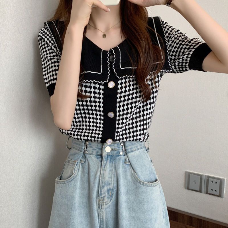 Cozok Áo Thun Dệt Kim Tay Ngắn Cổ Thủy Thủ Màu Tương Phản Thời Trang