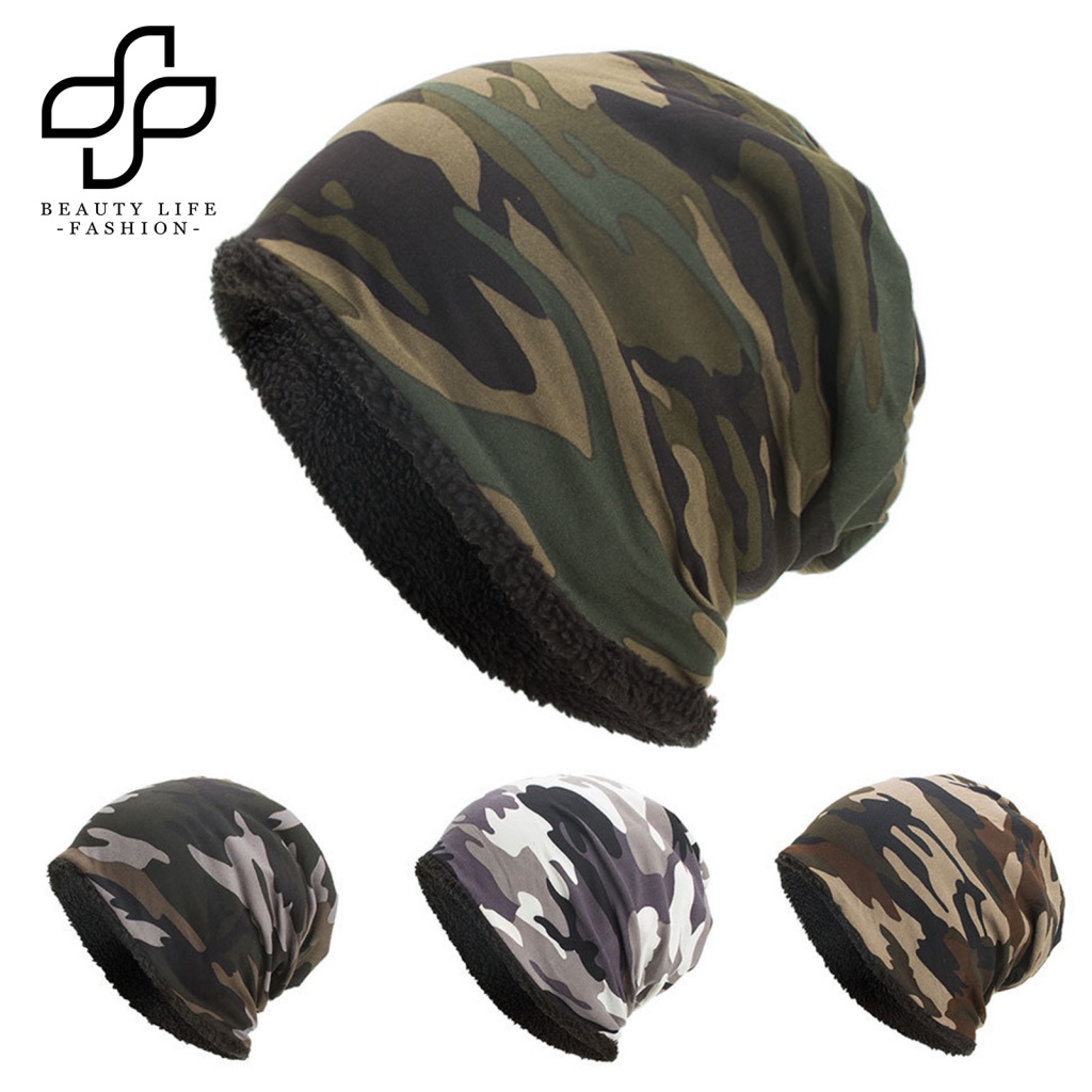 Nón Beanie Mùa Đông Mềm Mại Co Giãn Thoáng Khí In Họa Tiết Ngụy Trang Phối Màu Cho Nam