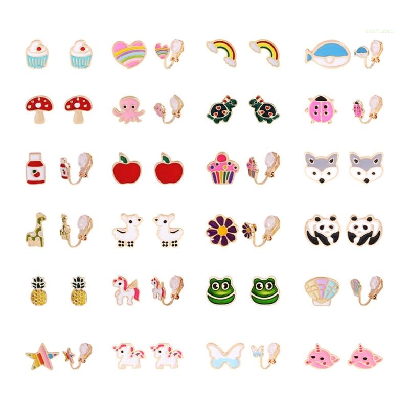Bộ 24 Đôi Khuyên Tai Dạng Kẹp Hình Động Vật Không Cần Khoan Lỗ Cho Nữ