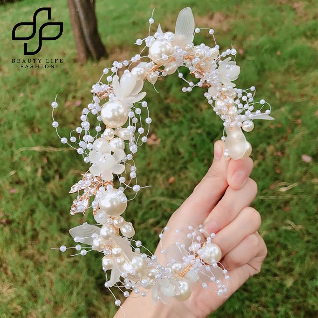 Băng Đô Cài Tóc Co Giãn Đính Hoa Và Ngọc Trai Giả Bằng Hợp Kim Thời Trang Cho Cô Dâu