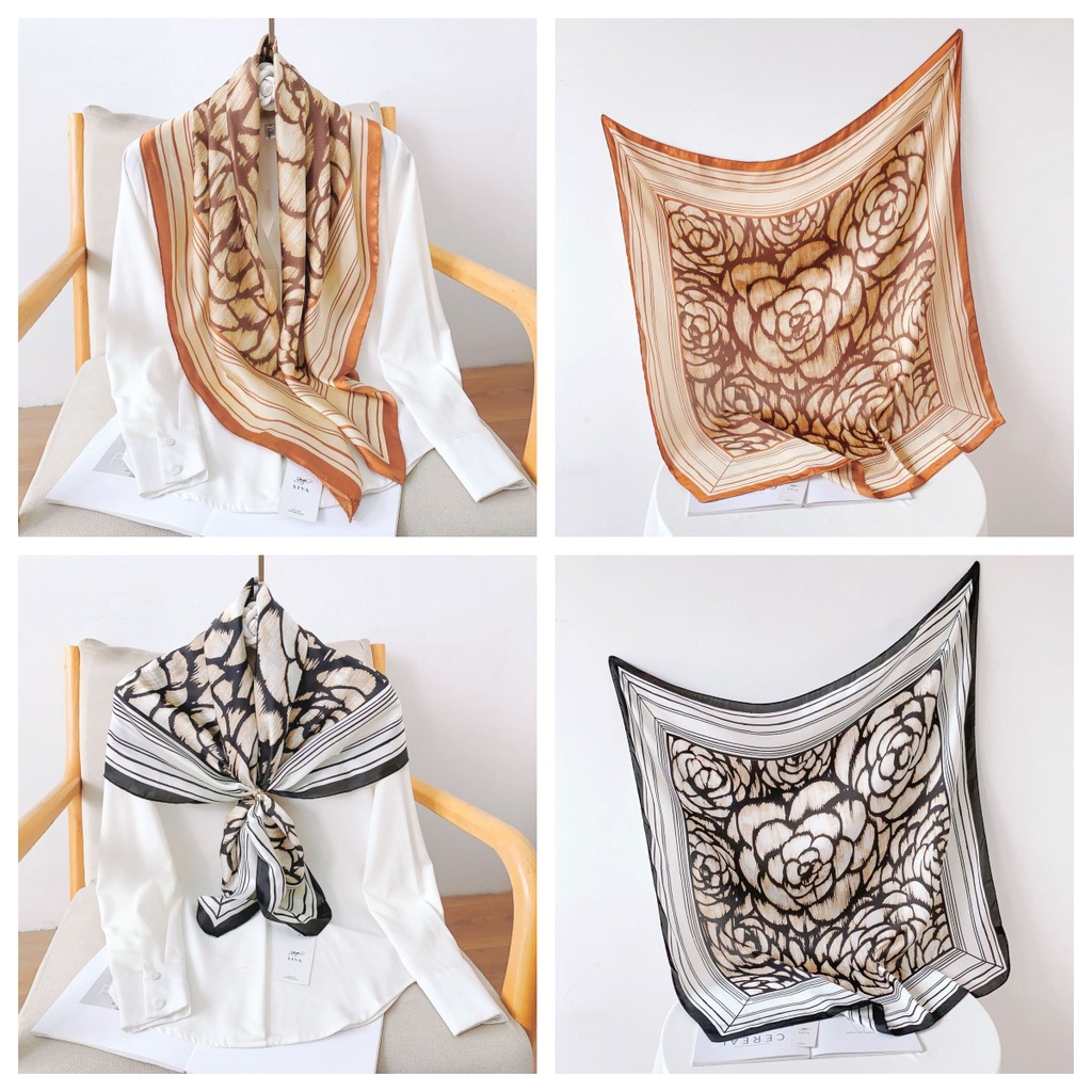 Khăn Choàng Lụa Mỏng Hình Vuông 90 * 90cm In Họa Tiết Hoa Trà Đen Trắng Thời Trang Mùa Hè Cho Nữ