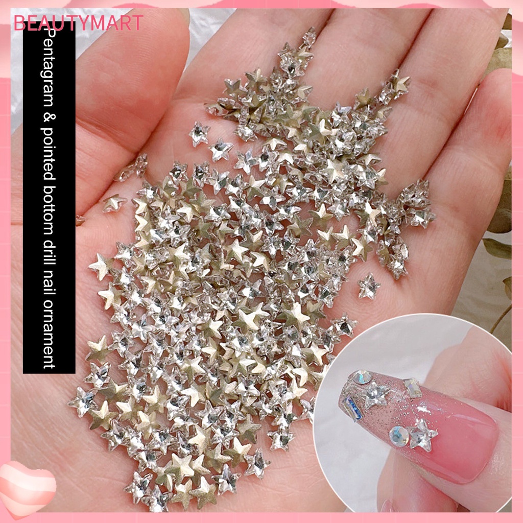 [beautymart] Túi 10 Móng Tay Giả Pha Lê Lấp Lánh Không Rơi Trang Trí Nghệ Thuật Móng Tay Mini Màu Trắng Hồng Ngôi Sao Năm Cánh