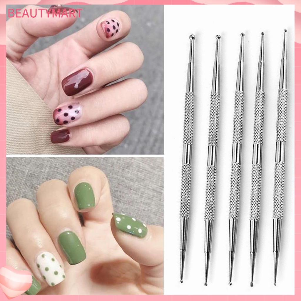 Set 5 Bút Chấm Bi Hai Đầu Bằng Thép Không Gỉ Bền Bỉ Thoải Mái Có Thể Tái Sử Dụng