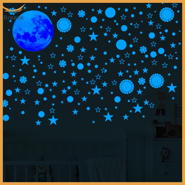 Bộ 3 Miếng Dán Tường Dạ Quang Tự Dính Hình Trăng Sao Trang Trí Phòng Bé Gái