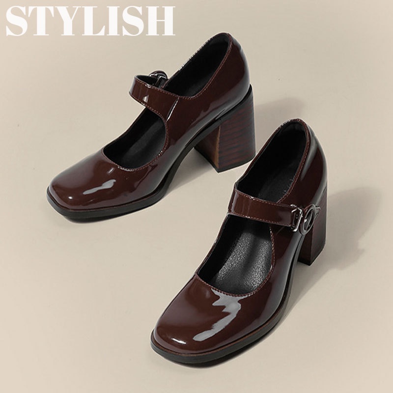 Giày Cao Gót Mũi Vuông Màu Đen Phong Cách retro Anh Quốc Cho Nữ