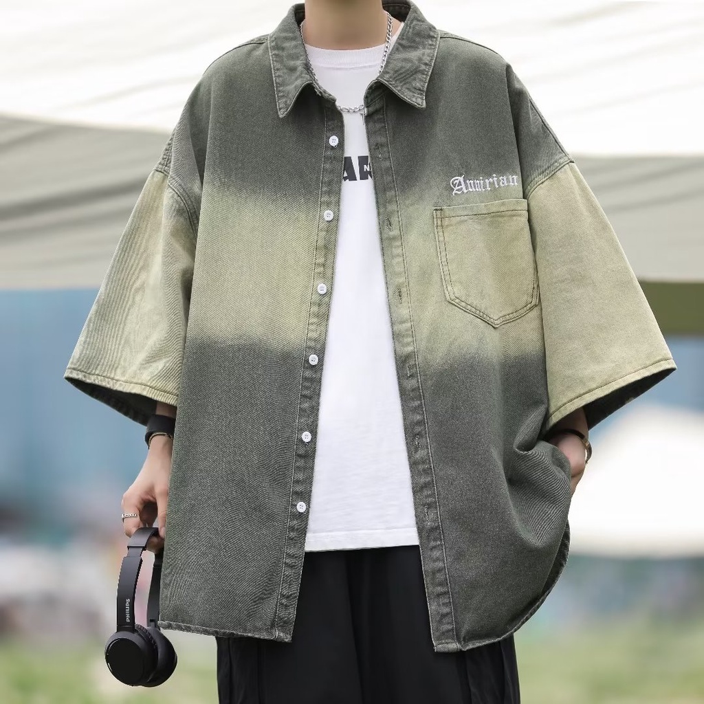 ASRV Áo Sơ Mi Denim Tay Ngắn Dáng Rộng Màu Gradient Phong Cách Hong Kong Thời Trang Cho Nam
