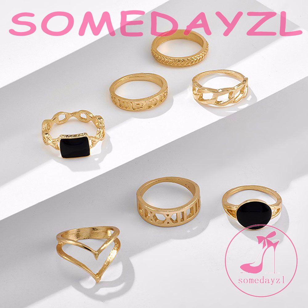 Bộ 7 Nhẫn Thời Trang Mới 2021|Nhẫn Đuôi Hình Học Bằng Kim Loại Nhiều Màu Sắc