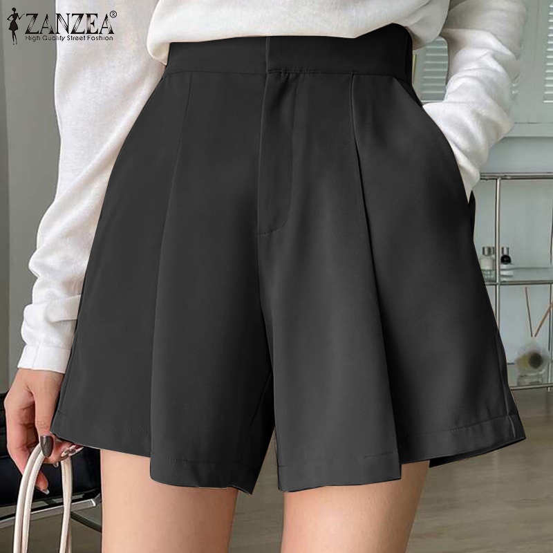 ZANZEA Quần Short Lưng Cao Xếp Ly Có Túi Bên Hông Phong Cách Hàn Quốc Đơn Giản Dễ Phối Đồ Cho Nữ