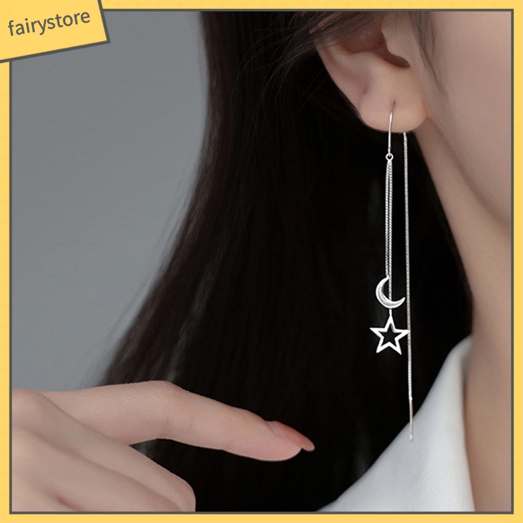 1 Đôi Bông Tai Bạc Dáng Dài Hình Ngôi Sao / Mặt Trăng Thời Trang Dành Cho Nữ