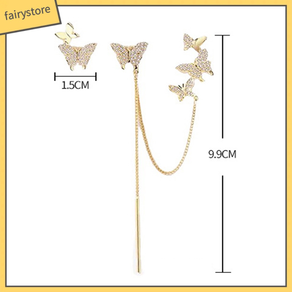 Bông Tai Dạng Kẹp Hình Bướm Không Đối Xứng Phối Tua Rua Thời Trang Cho Nữ