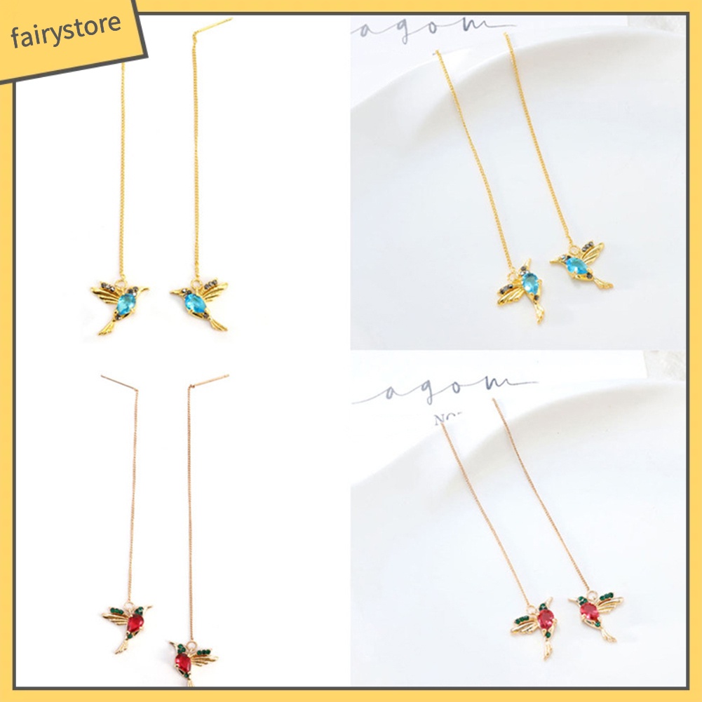 Bông Tai Dáng Dài Hình Chim Ruồi Đính Đá Phối Tua Rua Thời Trang Cho Nữ