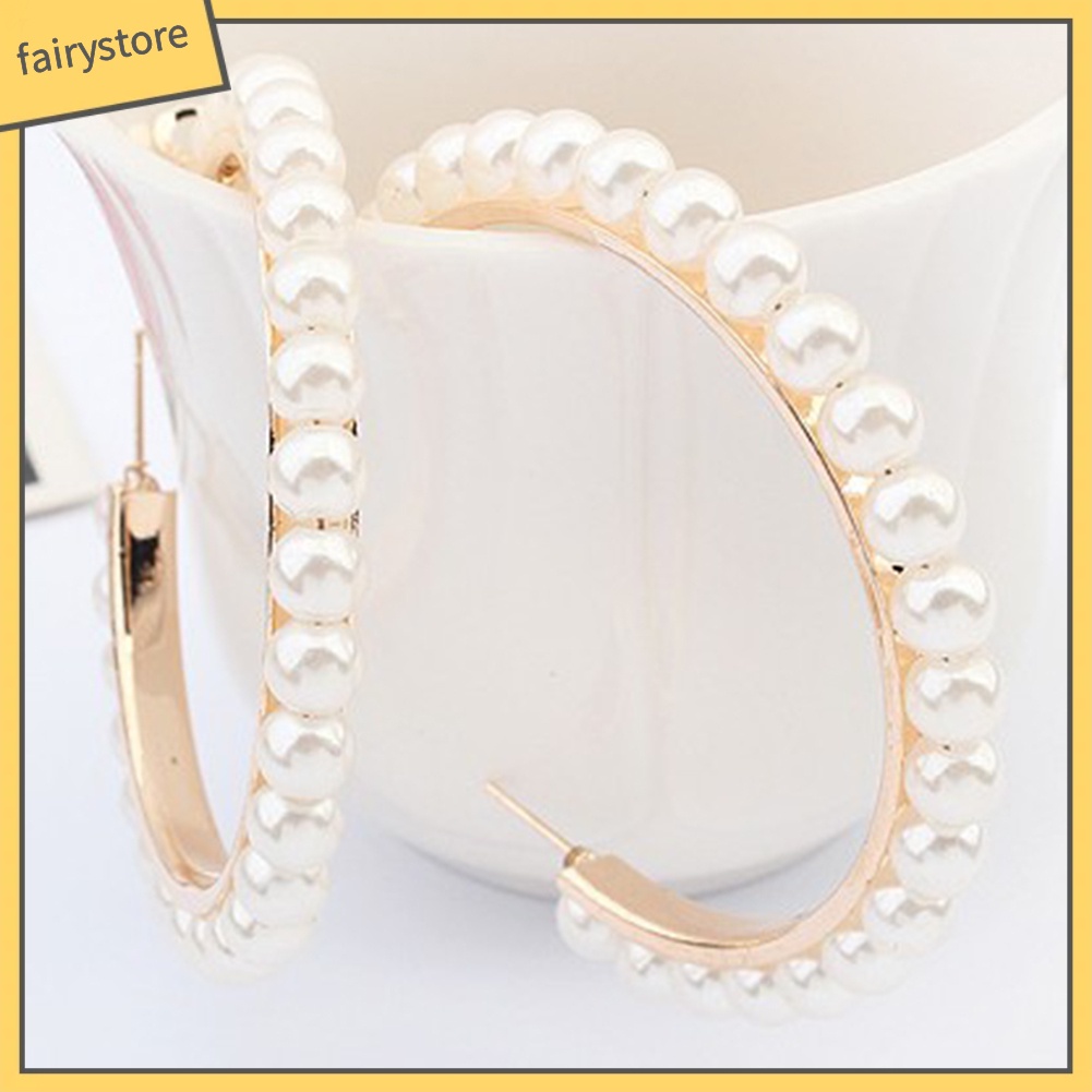 Khuyên Tai Tròn Lớn Đính Ngọc Trai Giả Thời Trang Cho Nữ