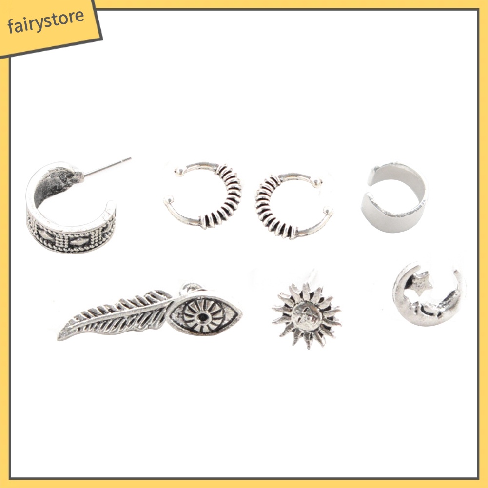 Bông Tai Dạng Kẹp Hình Mặt Trời / Lông Vũ Chạm Khắc Phong Cách Boho Punk Cổ Điển