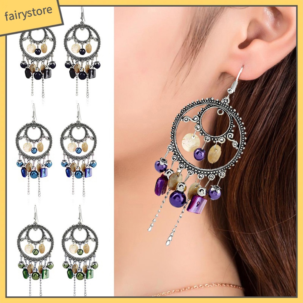 Bông Tai Tròn Đính Hạt Tua Rua Phong Cách Retro Dành Cho Nữ