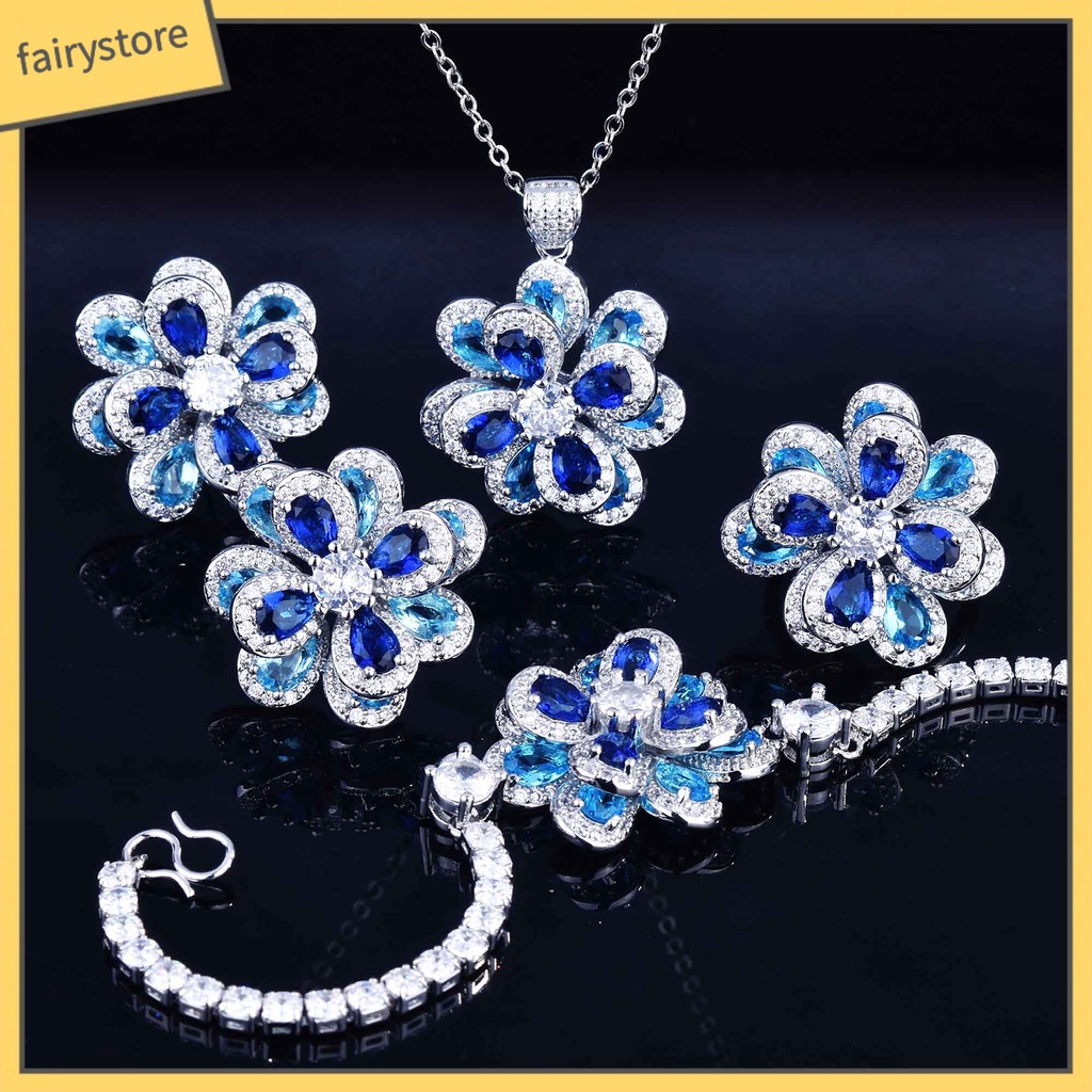 [FRO] Trang Sức Gồm Nhẫn / Bông Tai / Vòng Tay Đính Đá Zircon Hình Hoa Trà Nhiều Màu Lấp Lánh Cho