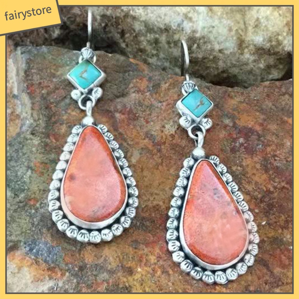 Bông Tai Hình Giọt Nước Đính Đá Ngọc Lam Giả Phong Cách Vintage Dành Cho Nữ